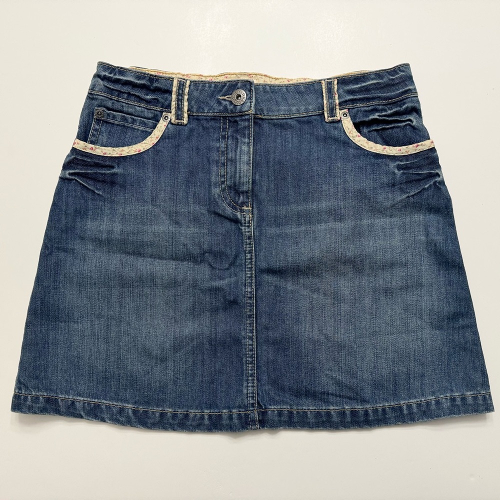 Mini Boden Denim Jean Skirt Ditsy Floral Trim Boho Blue 13-14 Youth Bohemian